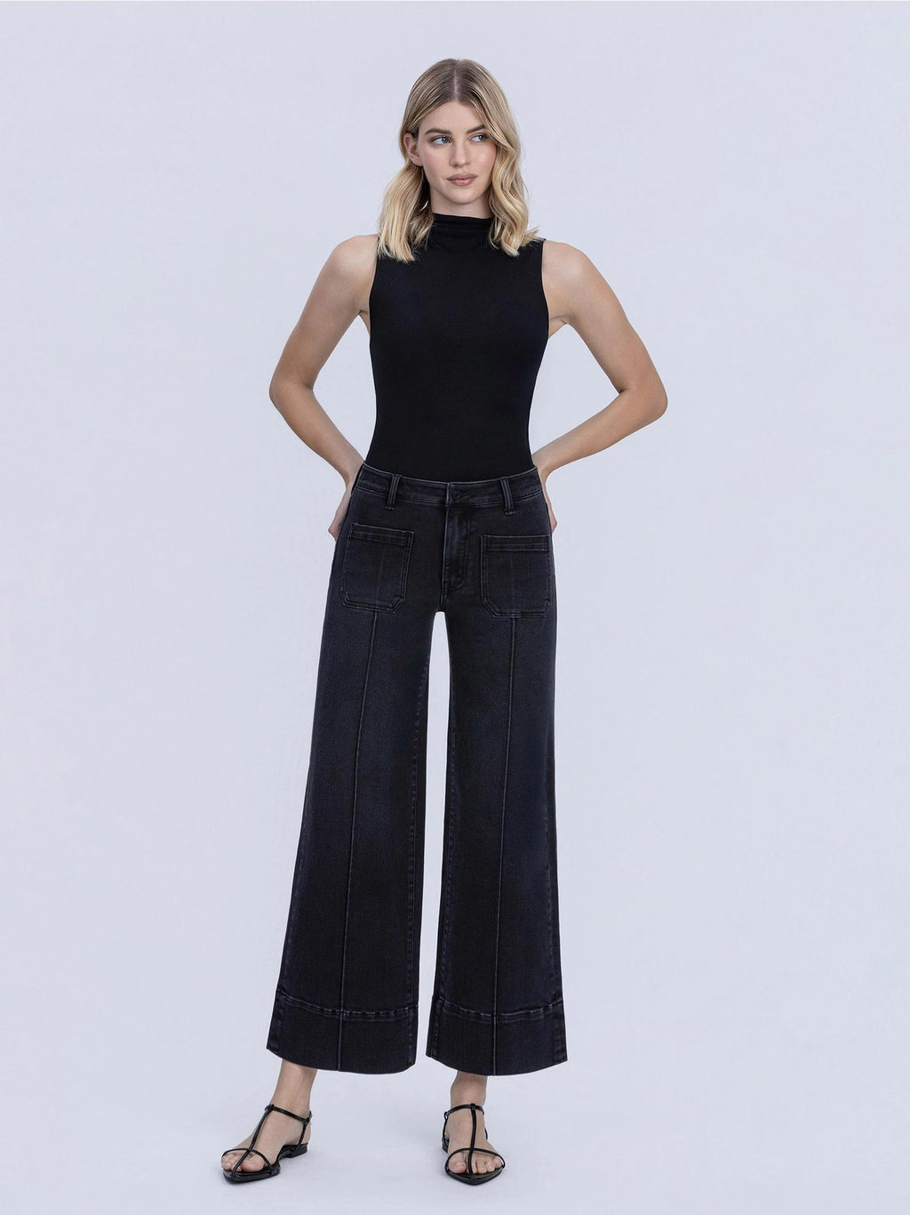 High Rise Patch Pocket Pin Tuck Black Wide Leg Jeans