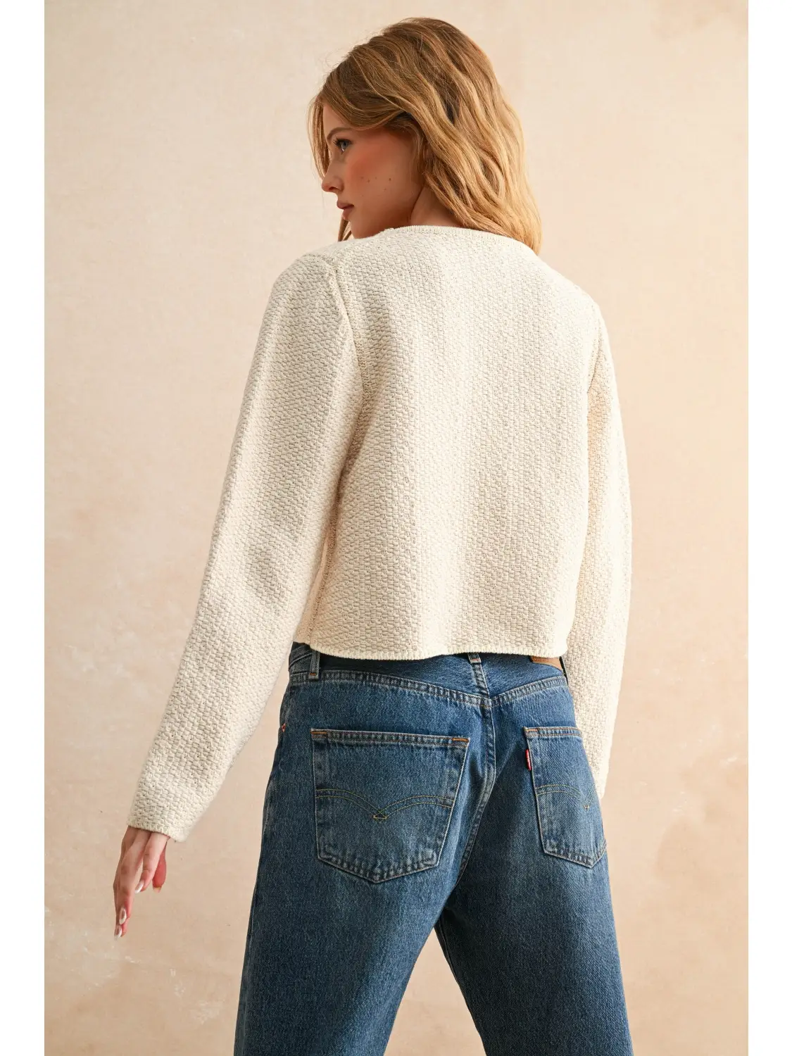 Two Tone Tie Front Long Sleeve Cardigan - CREAM