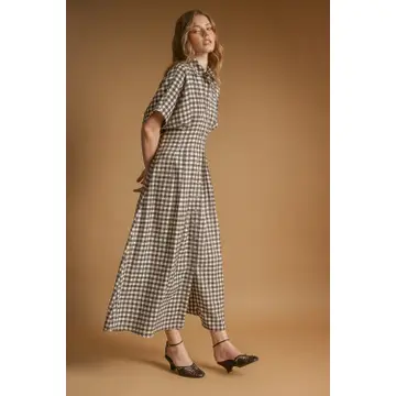 Gingham Pattern Button Down Shirt Dress - Brown/Cream