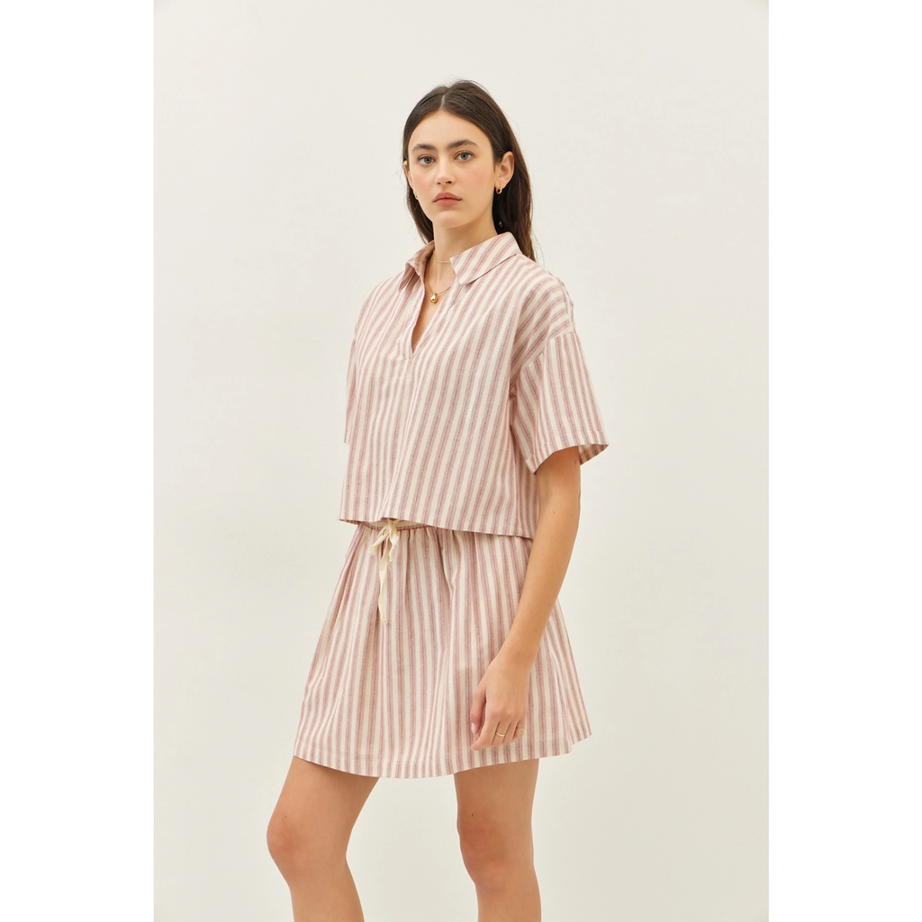 Loose Fit Stripe Polo Neck Crop Top with Drop Shoulders - Red