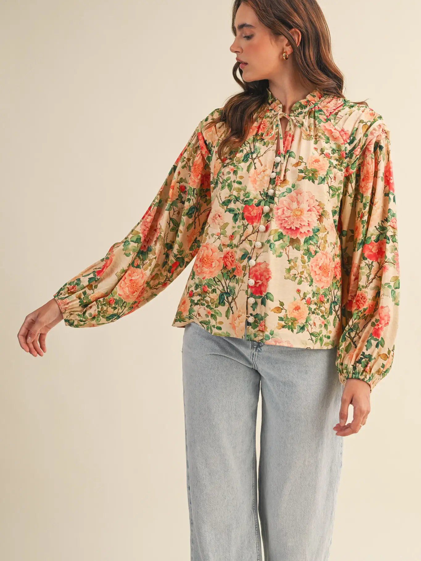 Floral Ruched Button Down Blouse - PEACH