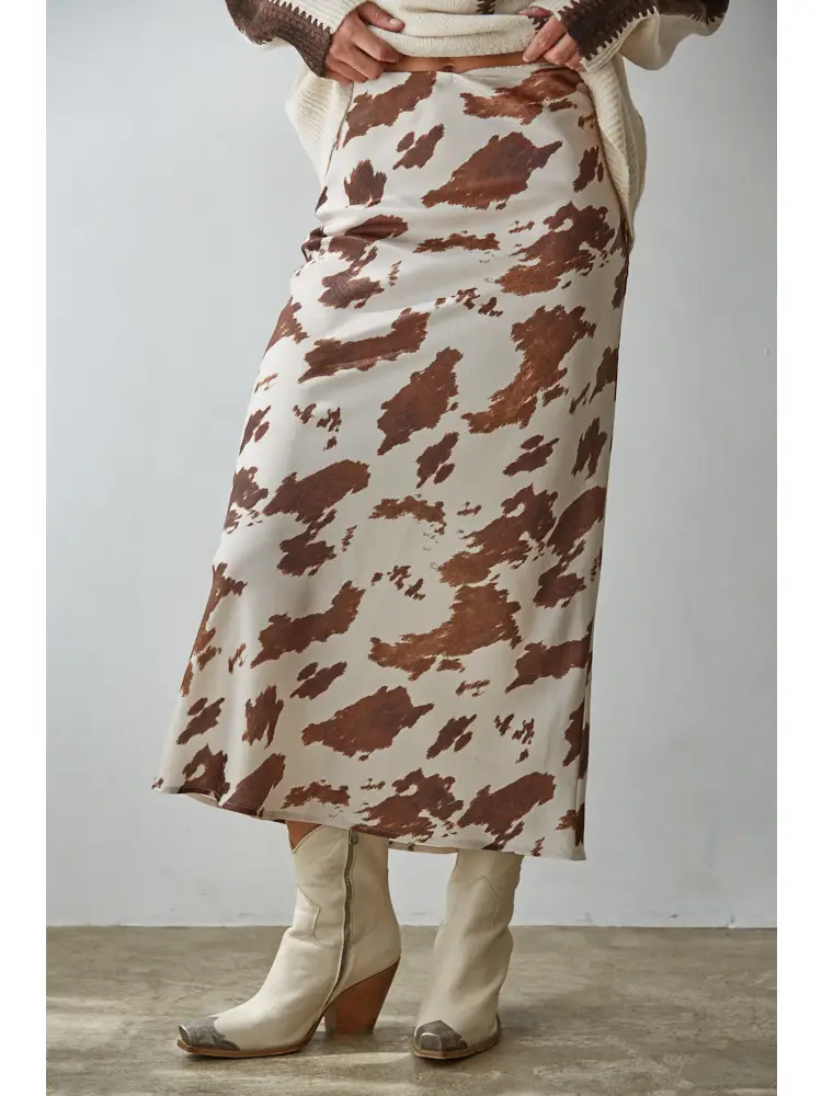 Woven Cow Print Satin Midi Skirt