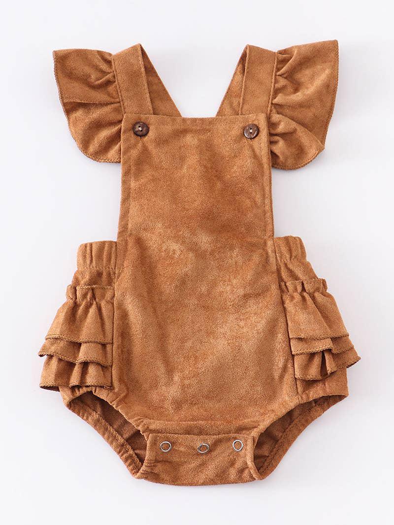 BABY GIRL BROWN SUEDE RUFFLE ROMPER