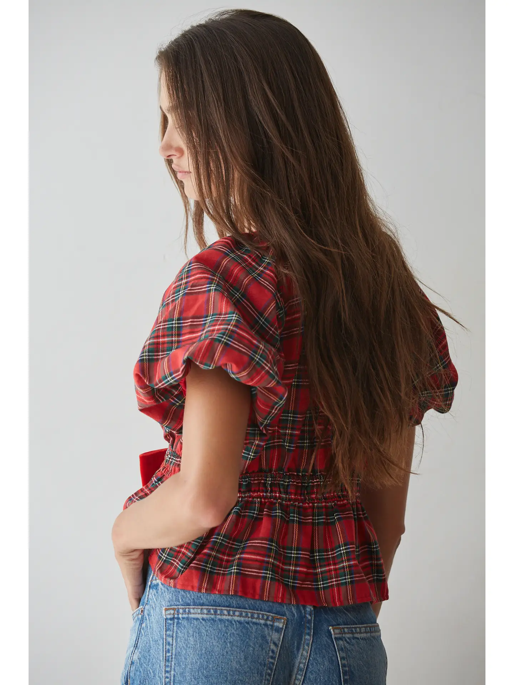 Woven Plaid Plunged V-Neck Sleeve Peplum Top