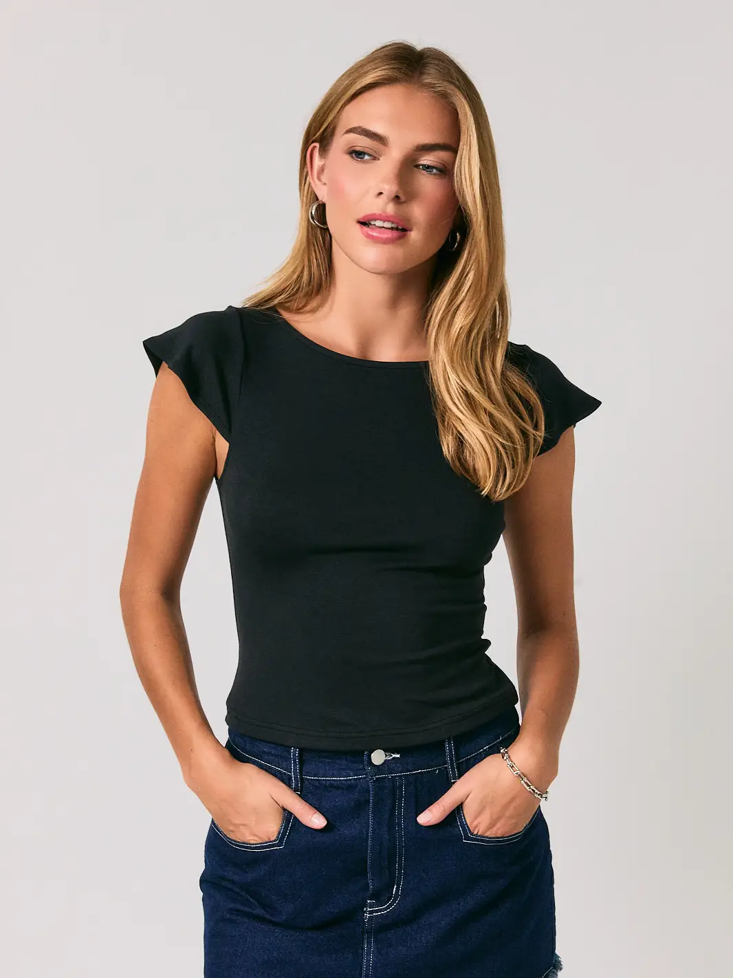 Boat Neck Flare Short Sleeve Top - BLACK