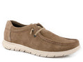MENS FOOTWEAR   LOW TOP ELASTIC LACE UP SHOE LEATHER BROWN COW SUEDE 2 EYELET MOCK TOE,  LIGHTWEIGHT EVA MOLDED OUTSOLE - 09-020-0992-3535
