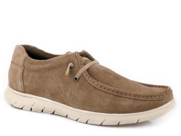 MENS FOOTWEAR   LOW TOP ELASTIC LACE UP SHOE LEATHER BROWN COW SUEDE 2 EYELET MOCK TOE,  LIGHTWEIGHT EVA MOLDED OUTSOLE - 09-020-0992-3535