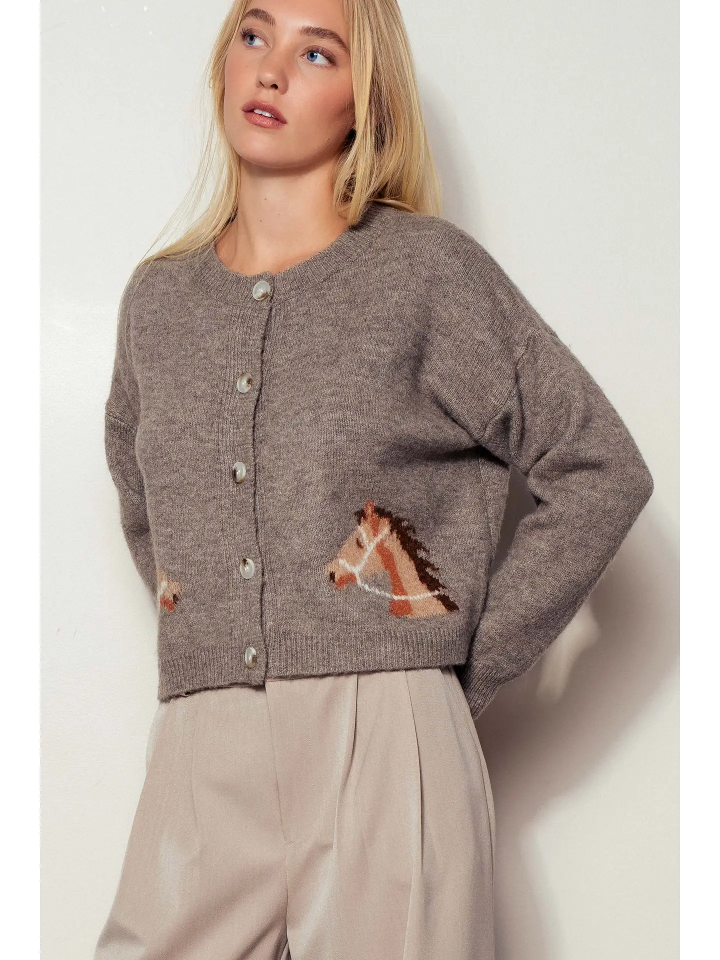 Western Horse Graphic Ribbed Trim Crew Neck Cardigan - MOCHA