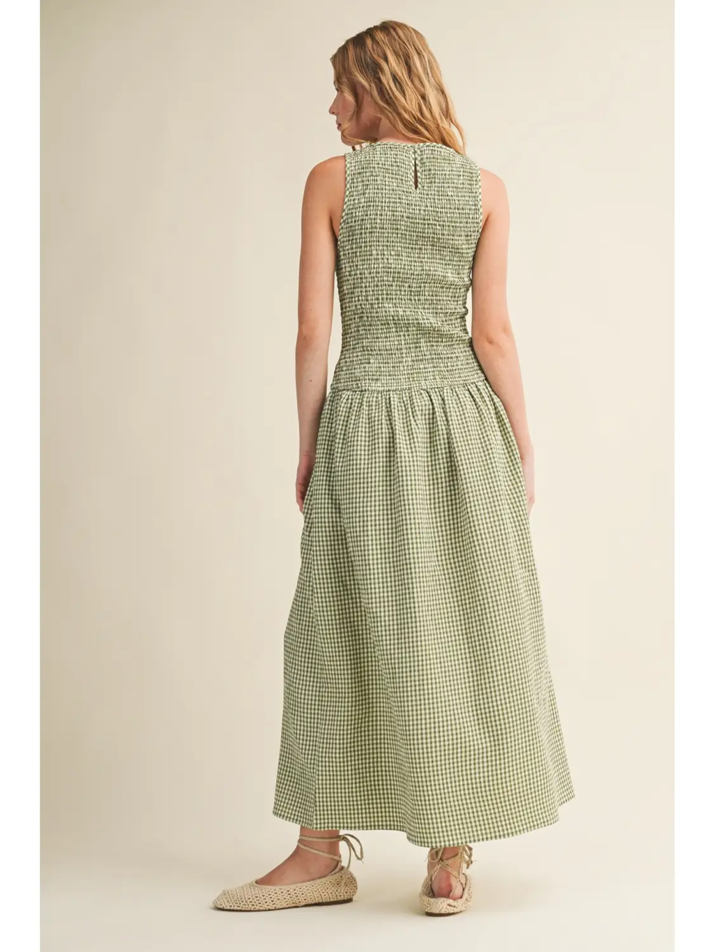 Mini Gingham Pattern Sleeveless Long Dress - GREEN