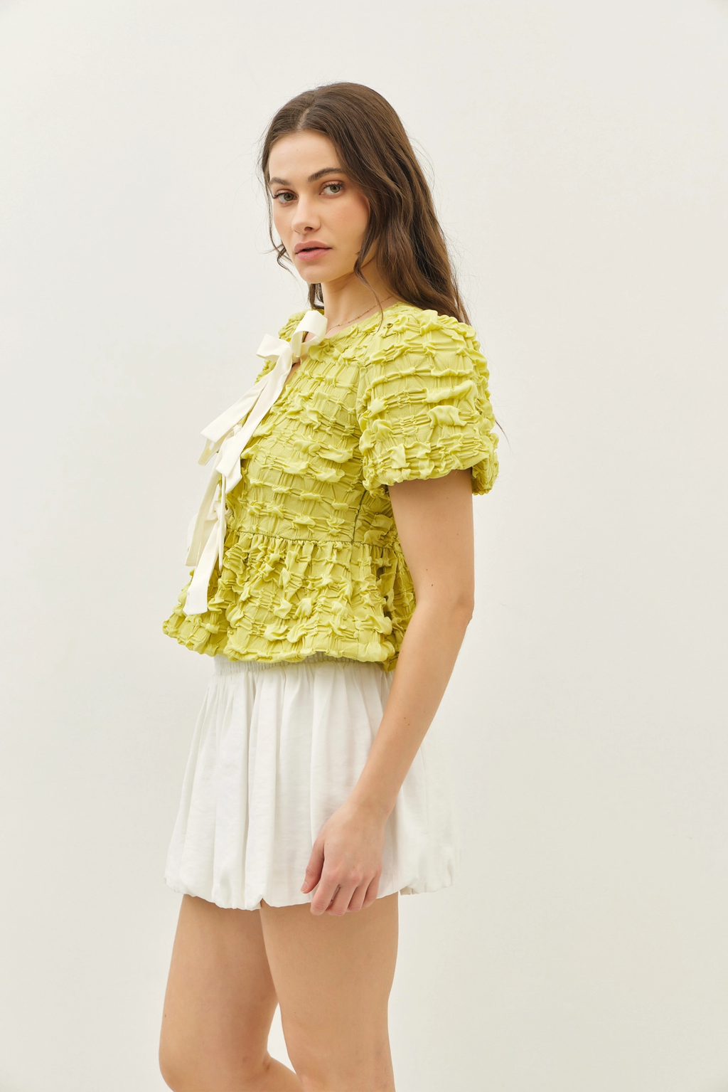 Pistachio - Bubble Babydoll Blouse with Textured Fabric and Contrast Bow