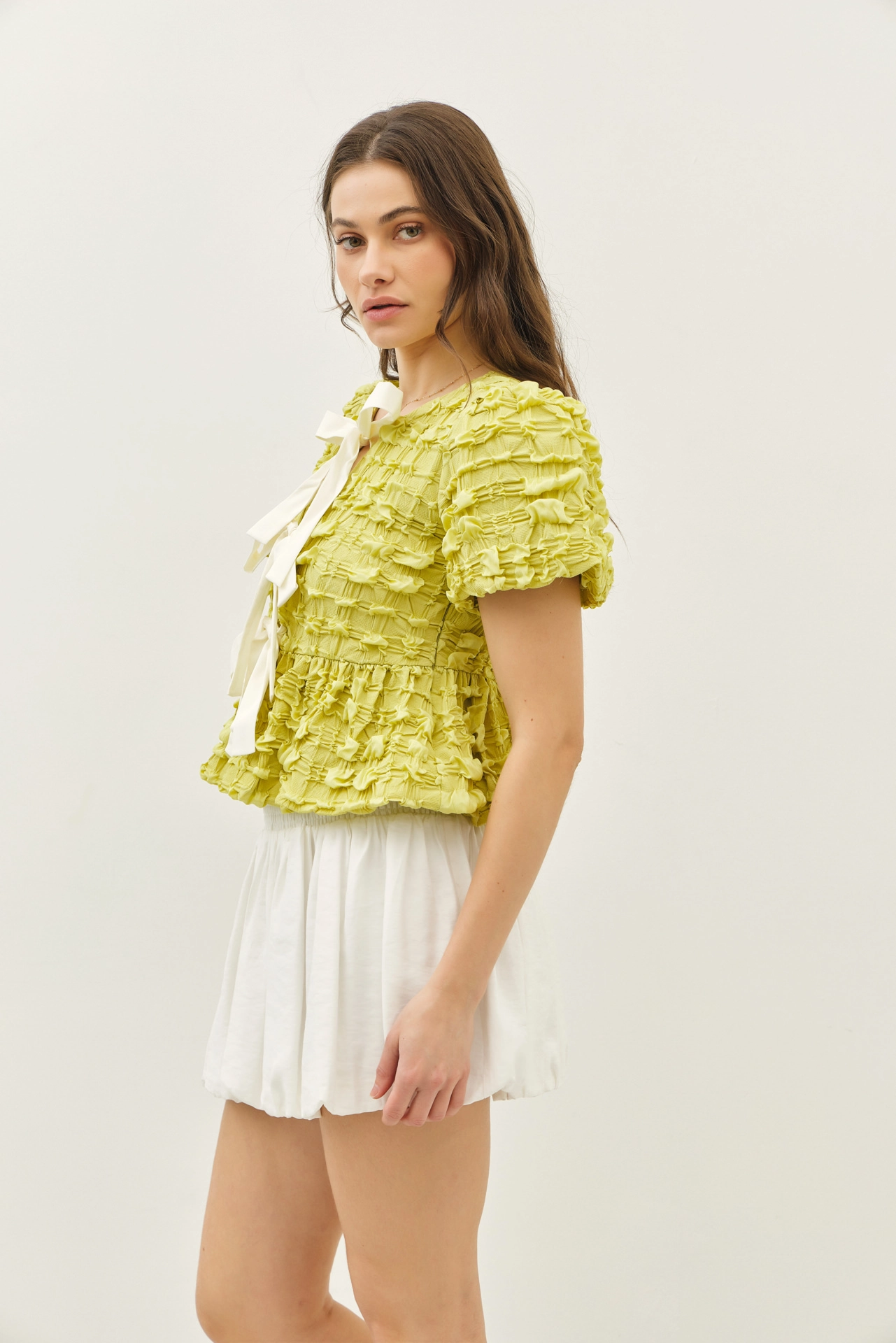 Pistachio - Bubble Babydoll Blouse with Textured Fabric and Contrast Bow