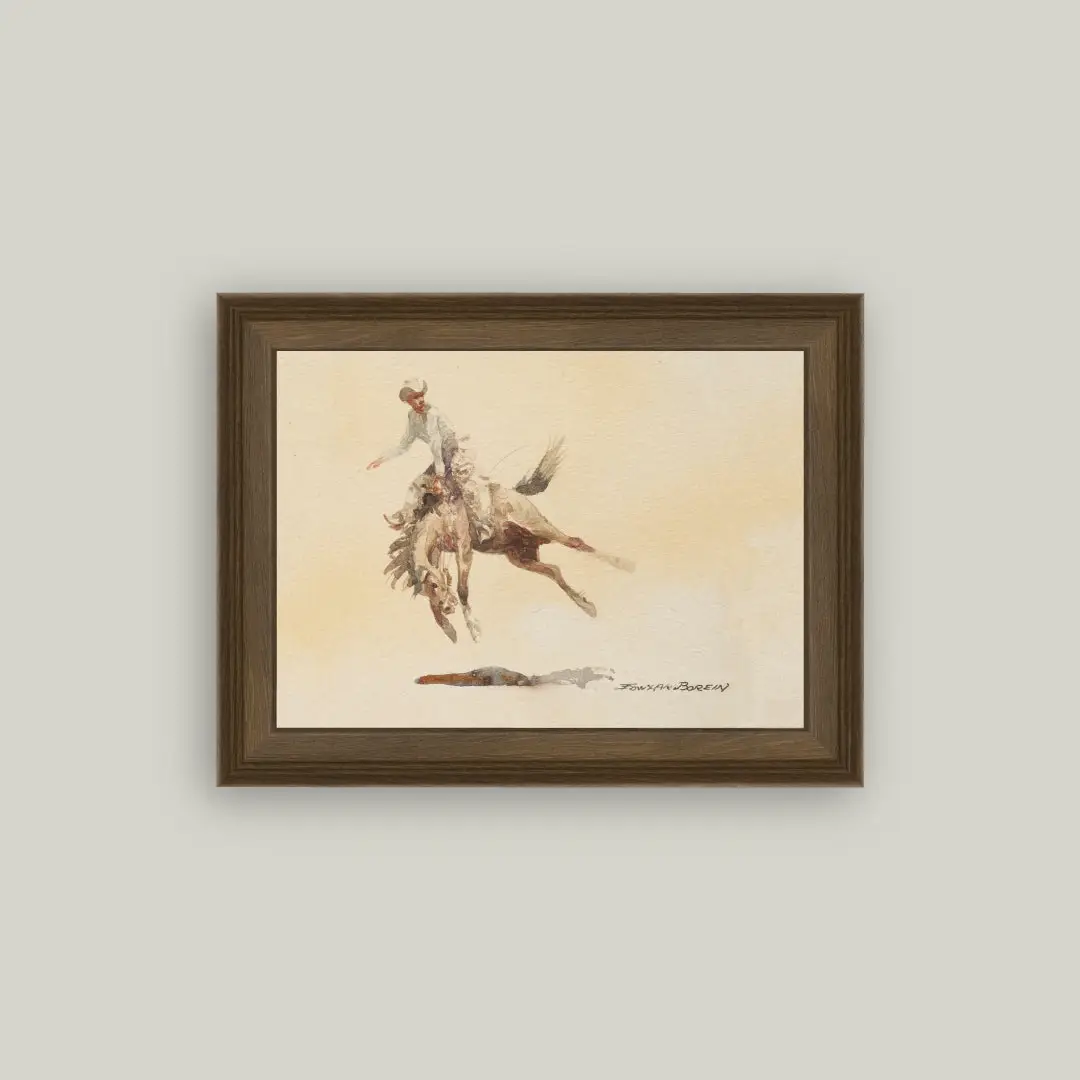 Bucking Rider Framed Antique Art 16x12