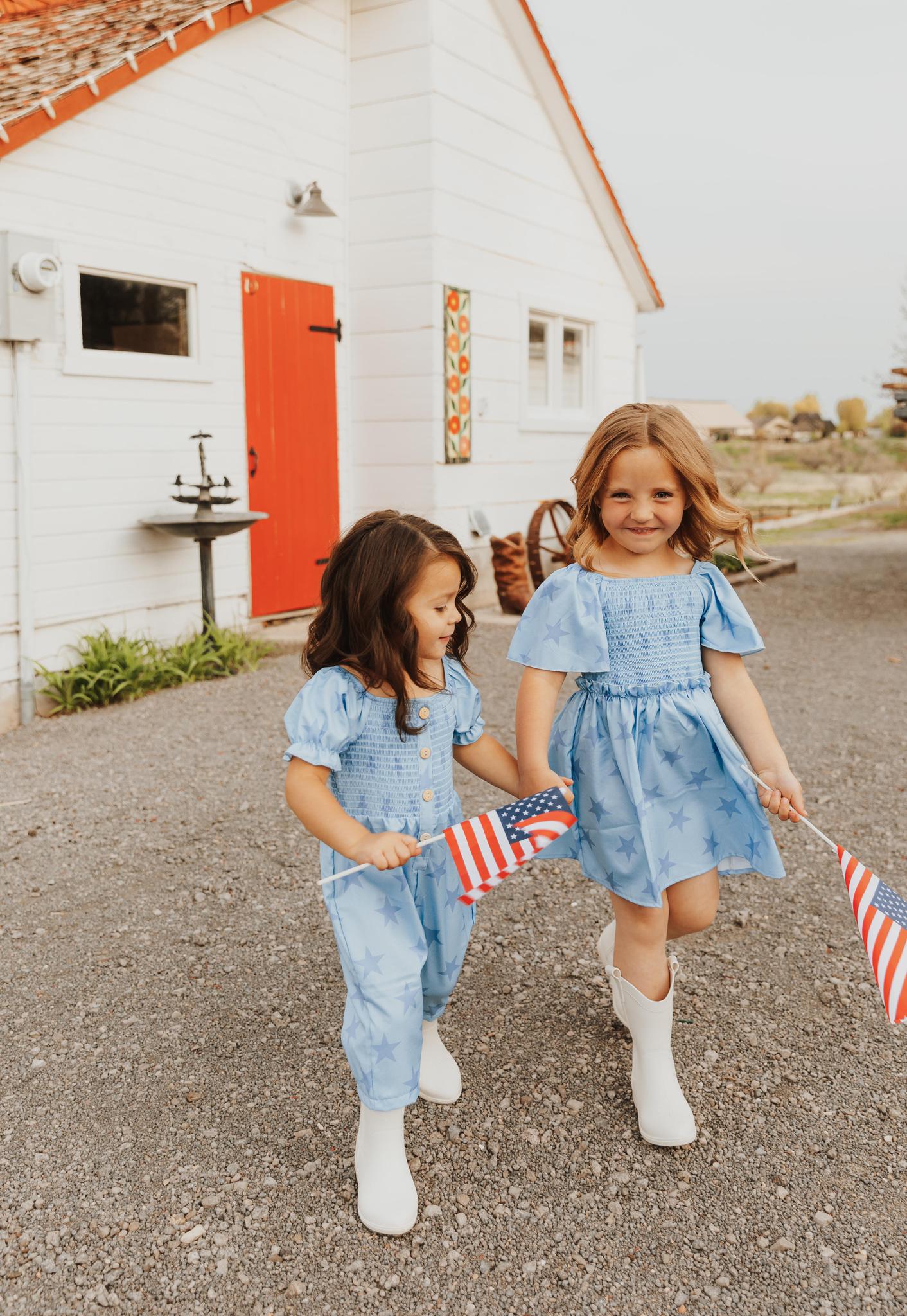 BLUE STAR SMOCKED RUFFLE GIRL DRESS