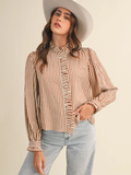 Striped Ruffled Button Down Long Sleeve Top - PECAN STRIPE