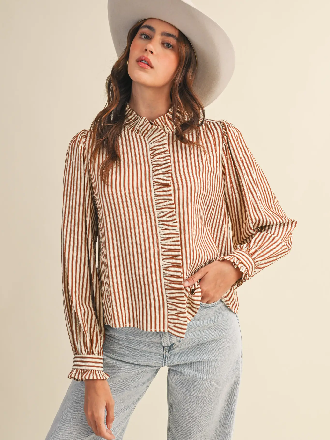 Striped Ruffled Button Down Long Sleeve Top - PECAN STRIPE