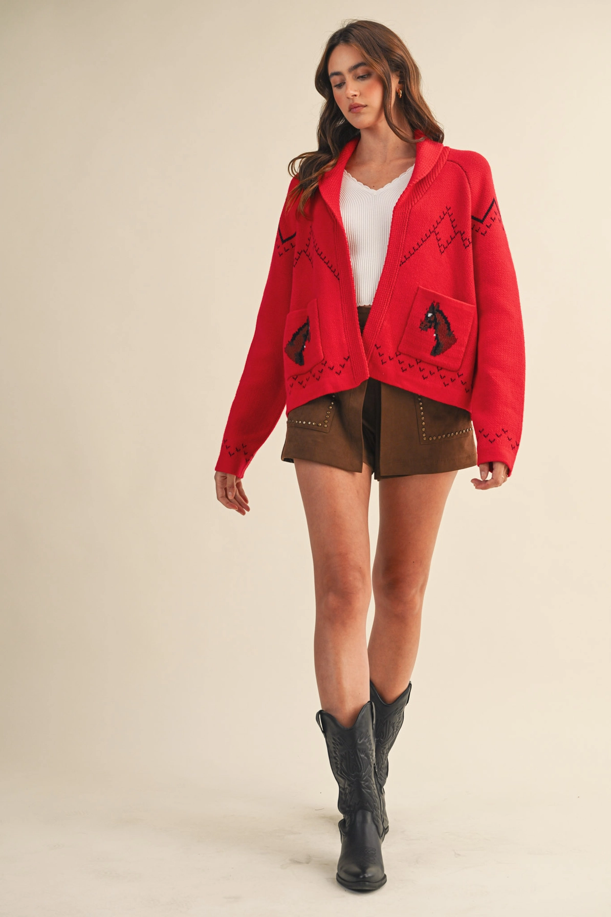 Horse Knit Sweater Cardigan - Red