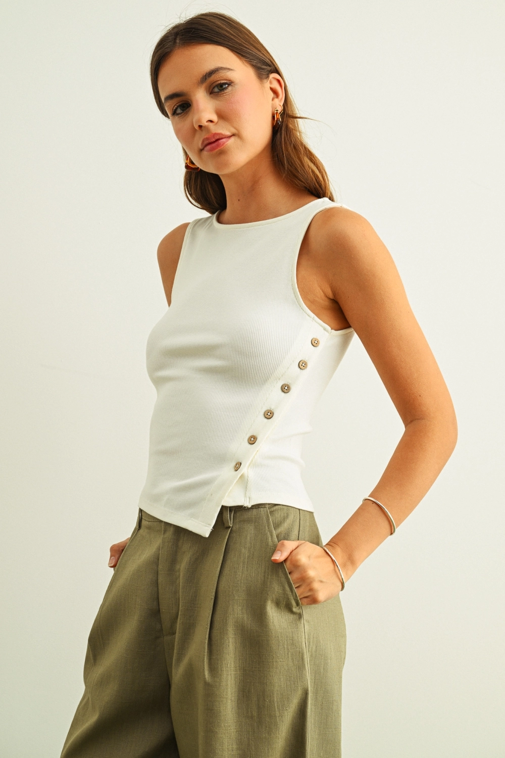 Ribbed Button Detail On the Side Top - White