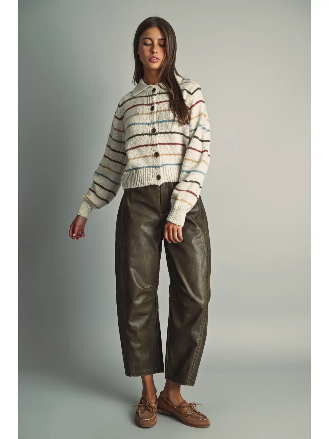 Washed Effect Barrel Pu Pants - BROWN