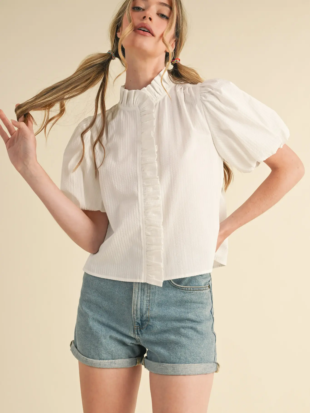 Striped Ruffle Button Down Top  - WHITE
