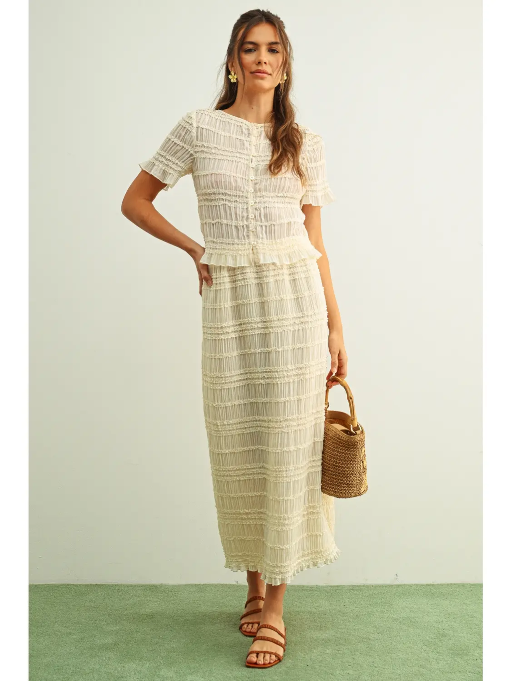 Chiffon Short Sleeve Button Front Top - BEIGE