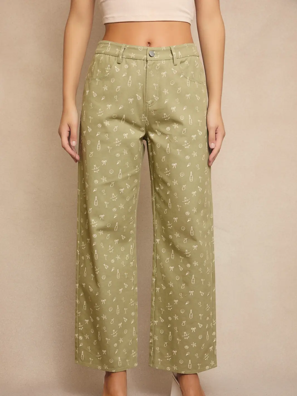 Mid-Rise Summer Graphic Wide Leg Pants - LIGHT GREEN