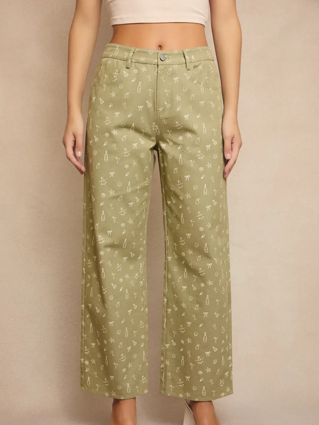 Mid-Rise Summer Graphic Wide Leg Pants - LIGHT GREEN