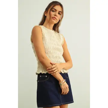 Sleeveless with All Over Smocking Top - Cream