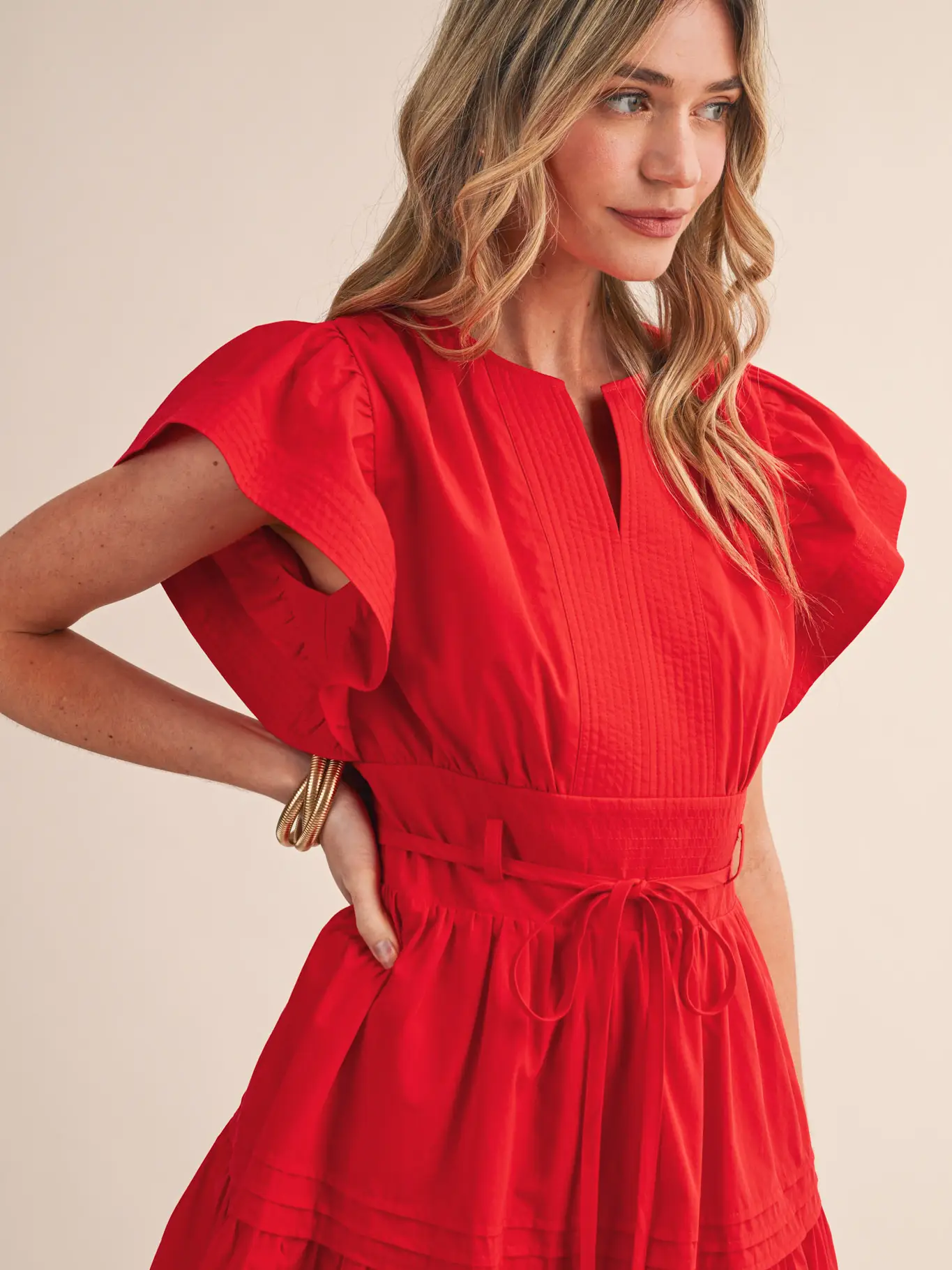 Embroidered Seam Pin Tuck Detail Mini Dress - RED