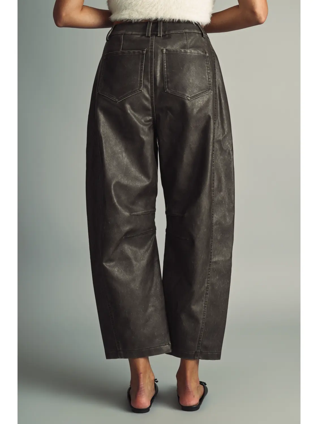 Washed Effect Barrel Pu Pants - BLACK