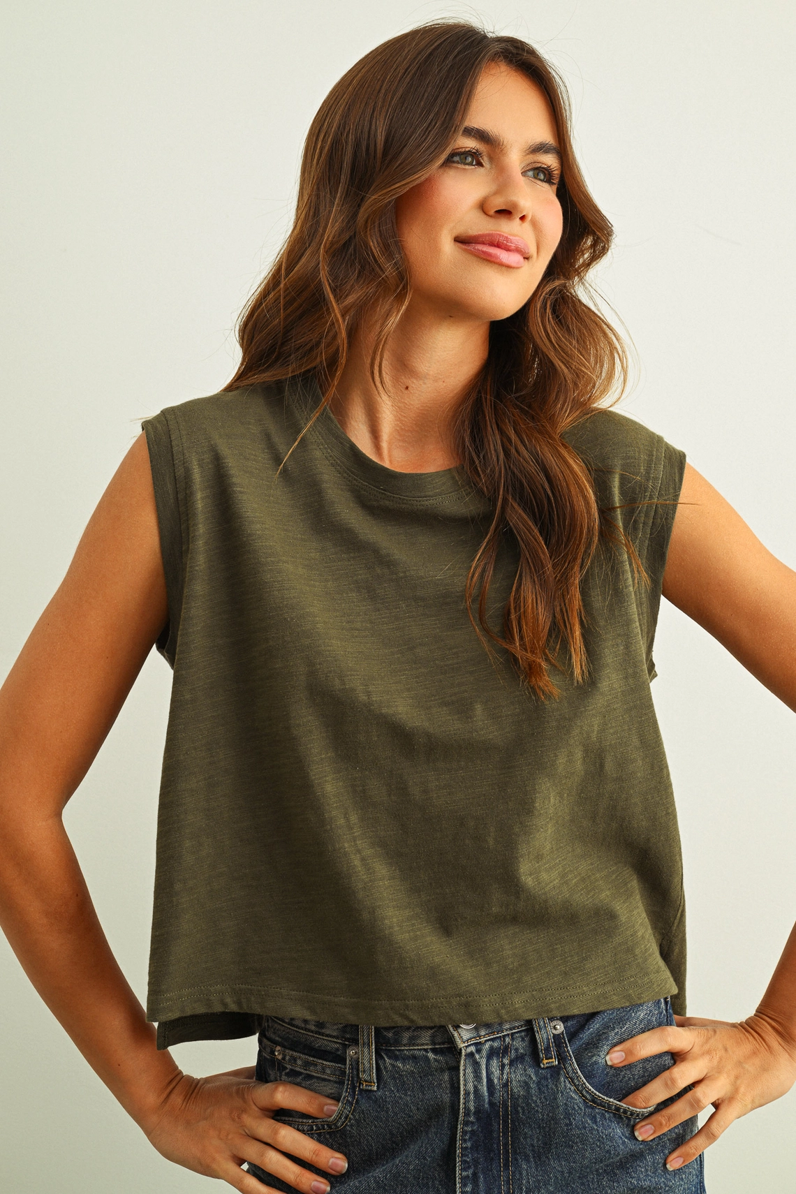 Round Neck Slub Top - Olive