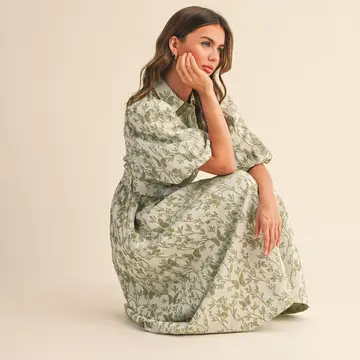 Jacquard Bubble Sleeve Button Down Midi Dress  - SAGE GREEN