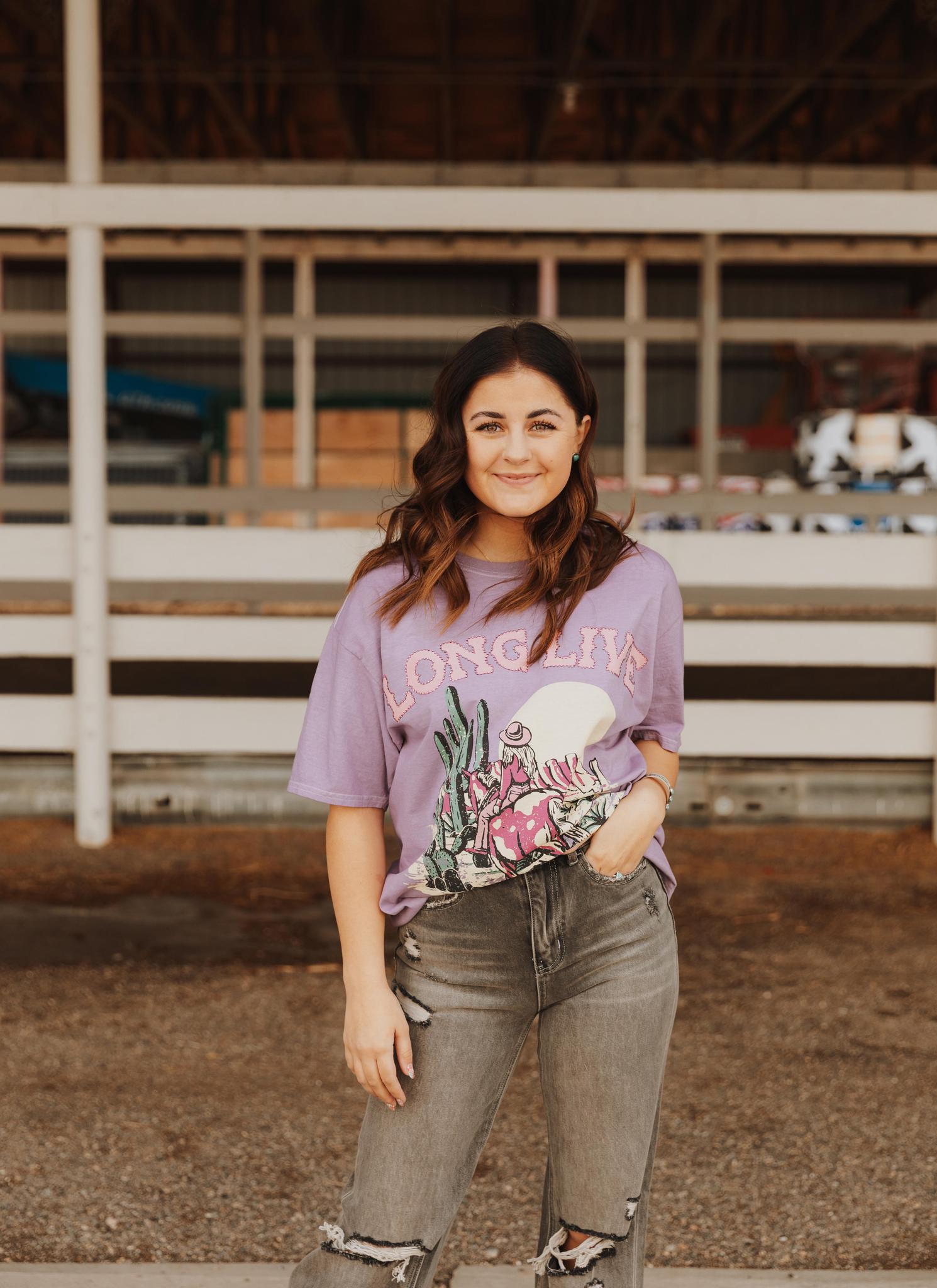 LONG LIVE COWGIRLS RHINESTONE WASHED GRAPHIC T-SHIRT - LAVENDER (OVERSIZED)
