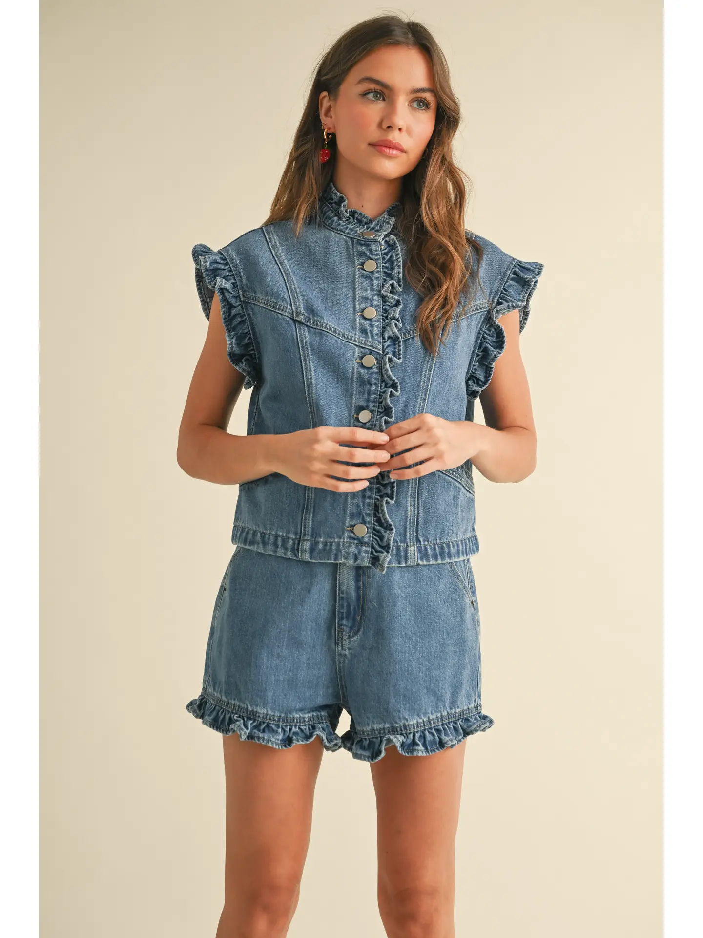 Ruffled Detail Denim Vest