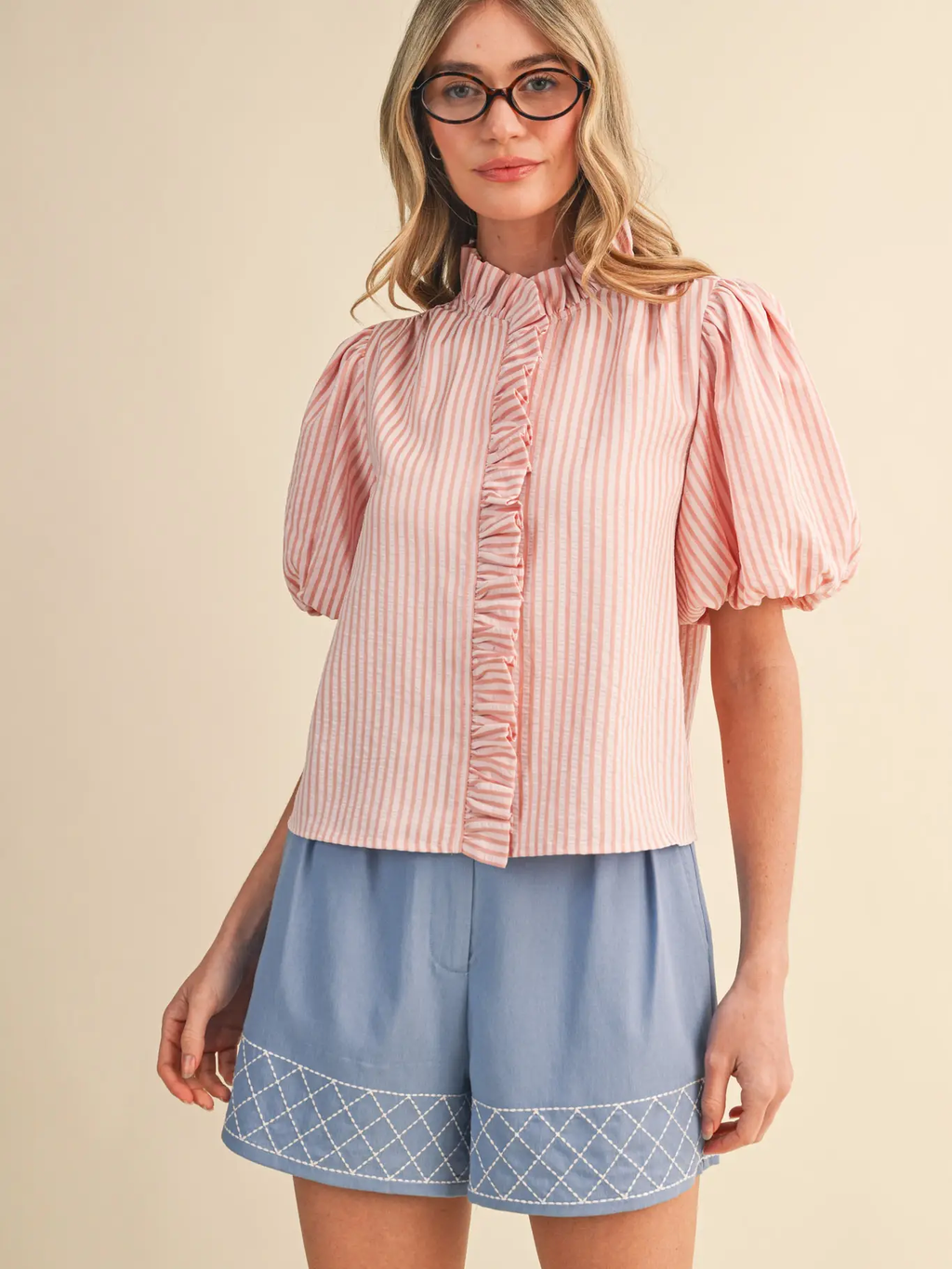 Striped Ruffled Button Down Top - PINK BLUSH