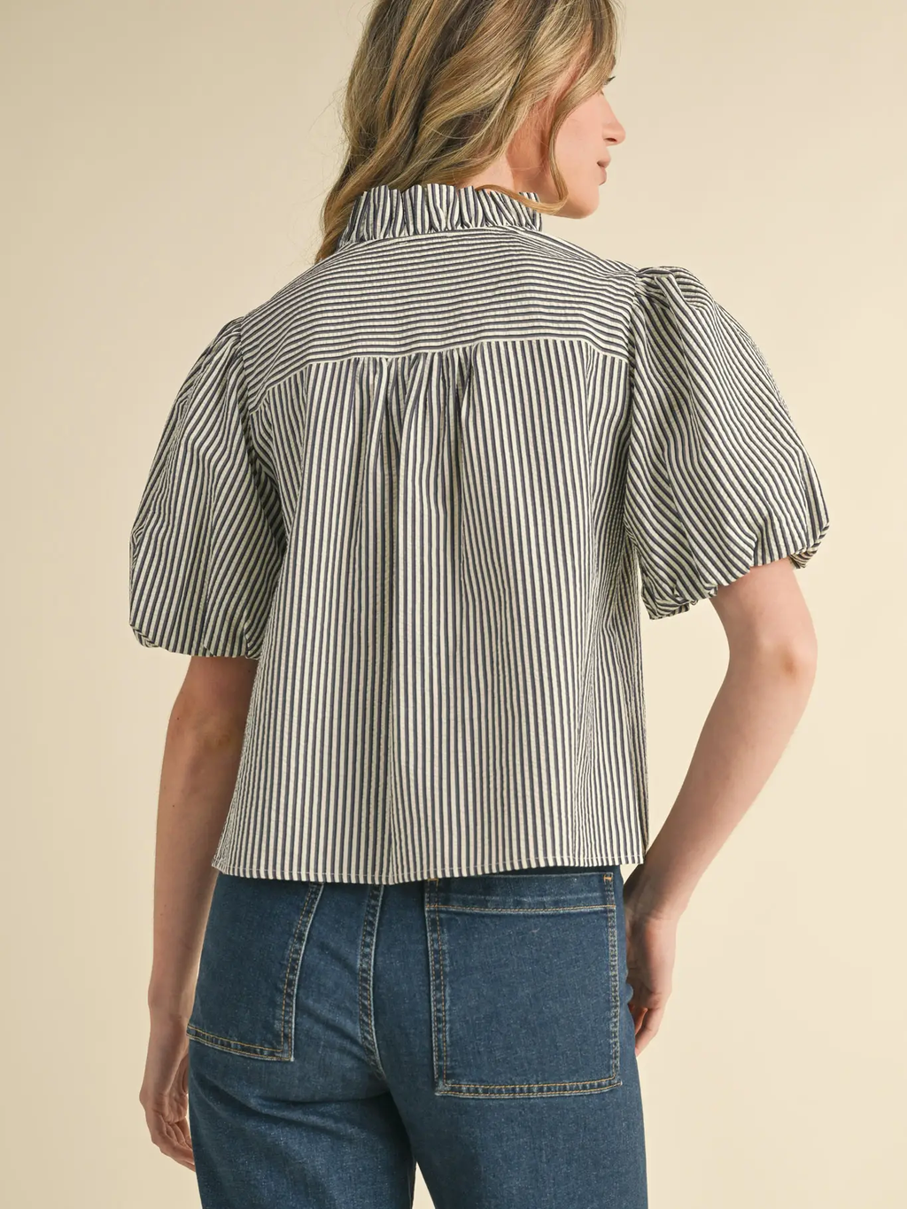 Striped Ruffle Button Down Top - DARK DENIM