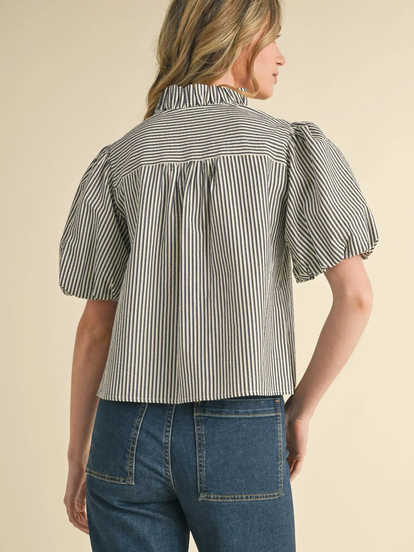 Striped Ruffle Button Down Top - DARK DENIM