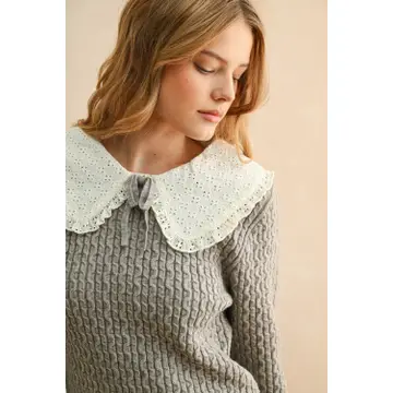 Long Sleeve Cable Knit with Crochet Collar