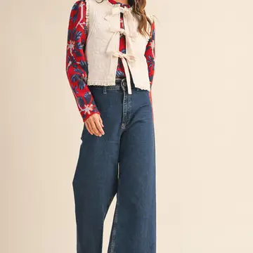 Floral Quilted Lace Trim Bow Tying Vest - Ecru