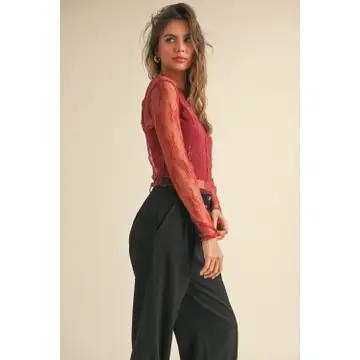 Long Sleeve Lace Fabric with Lining Insert Top - Wine