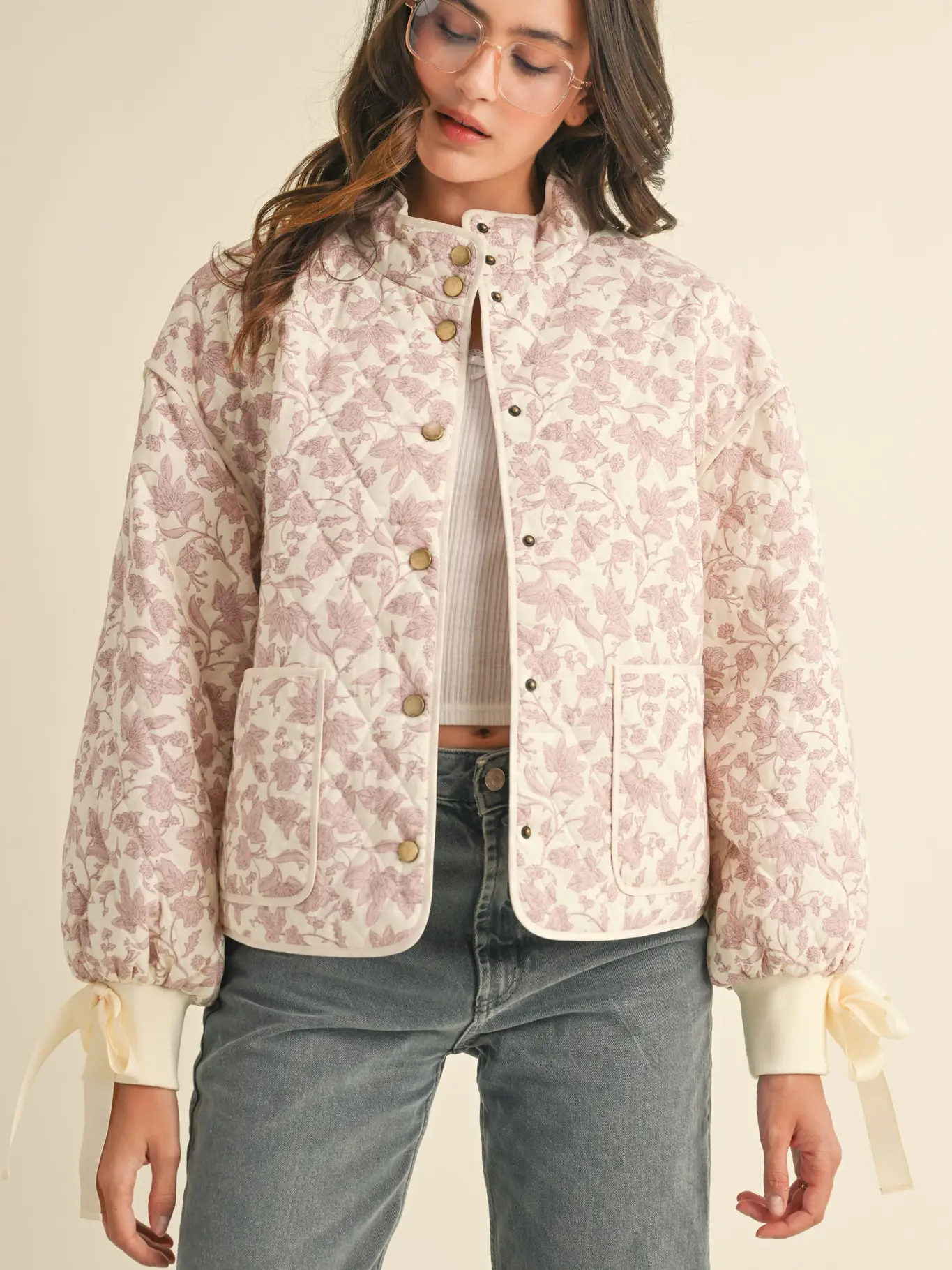 Floral Quilted Jacket with Ribbon Detail - IVORY PINK FLORAL