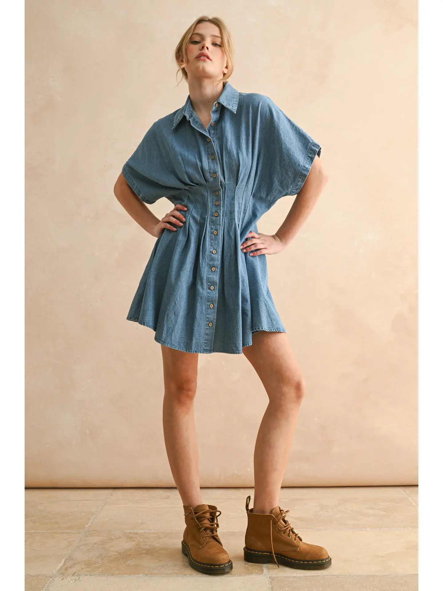 Chambray Denim Button Front w/ Pleat Detail Dress - Denim