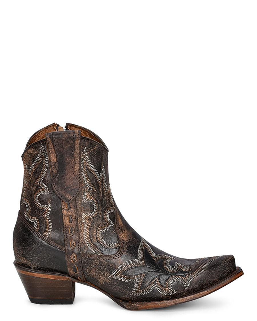 LD BLACK/BROWN EMBROIDERY & ZIPPER ANKLE BOOT L5917