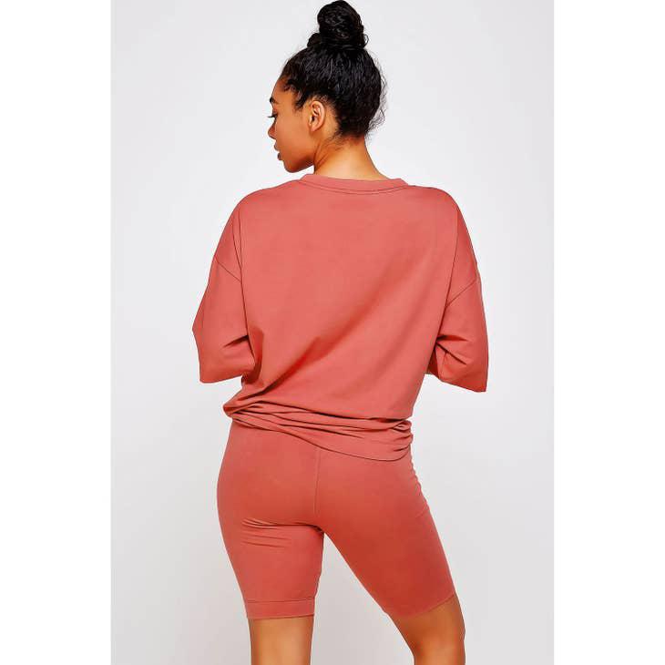 Knit Oversize Tee Shirt An Shorts Casual Biker Set - Rust