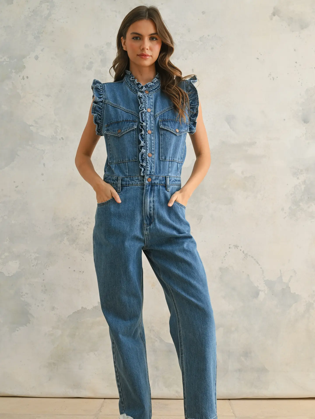 Denim Utility Jumpsuit with Ruffled Detail