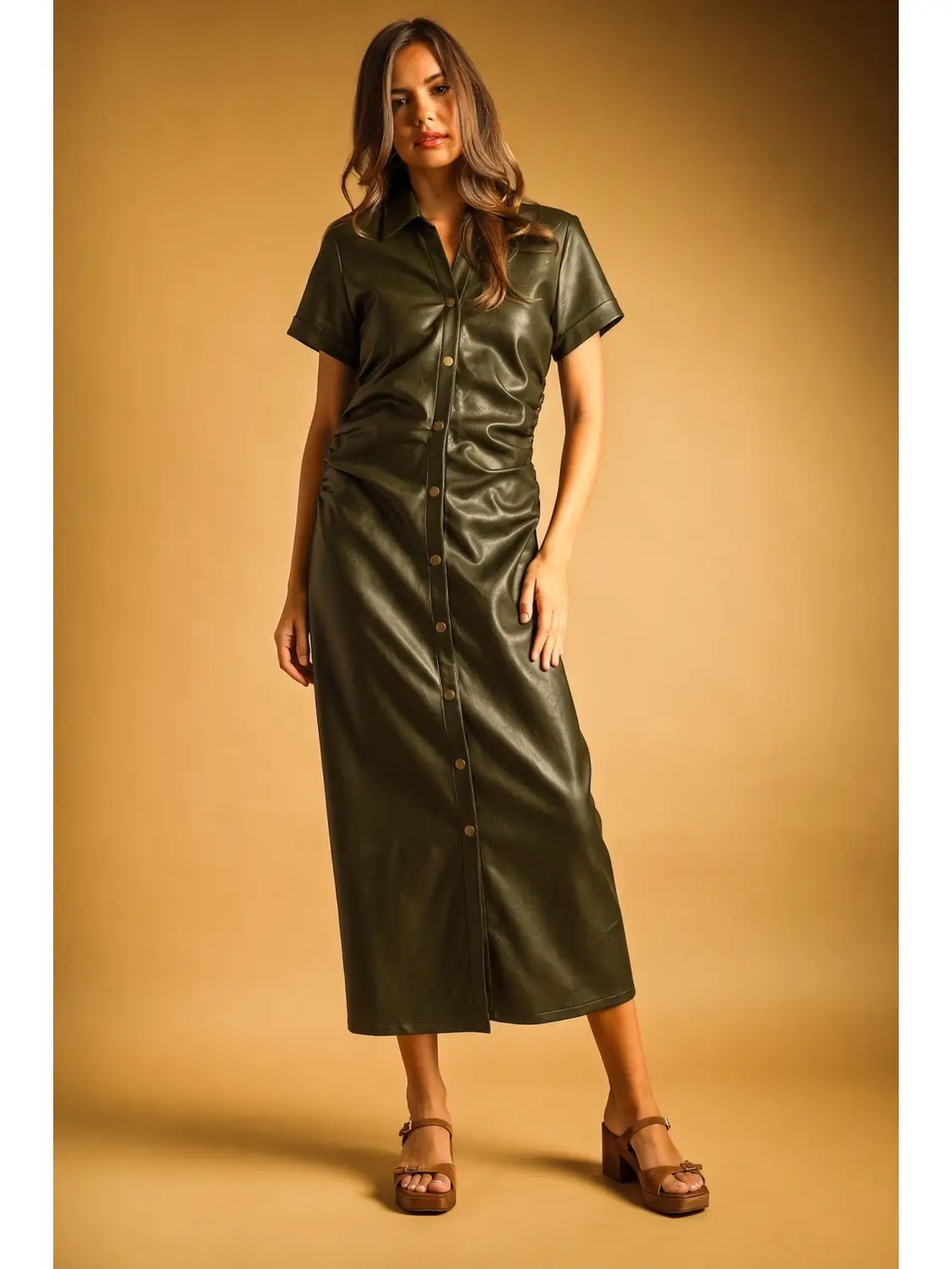 Faux Leather Buttondown Short Sleeve Dress - OLIVE