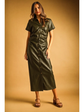 Faux Leather Buttondown Short Sleeve Dress - OLIVE