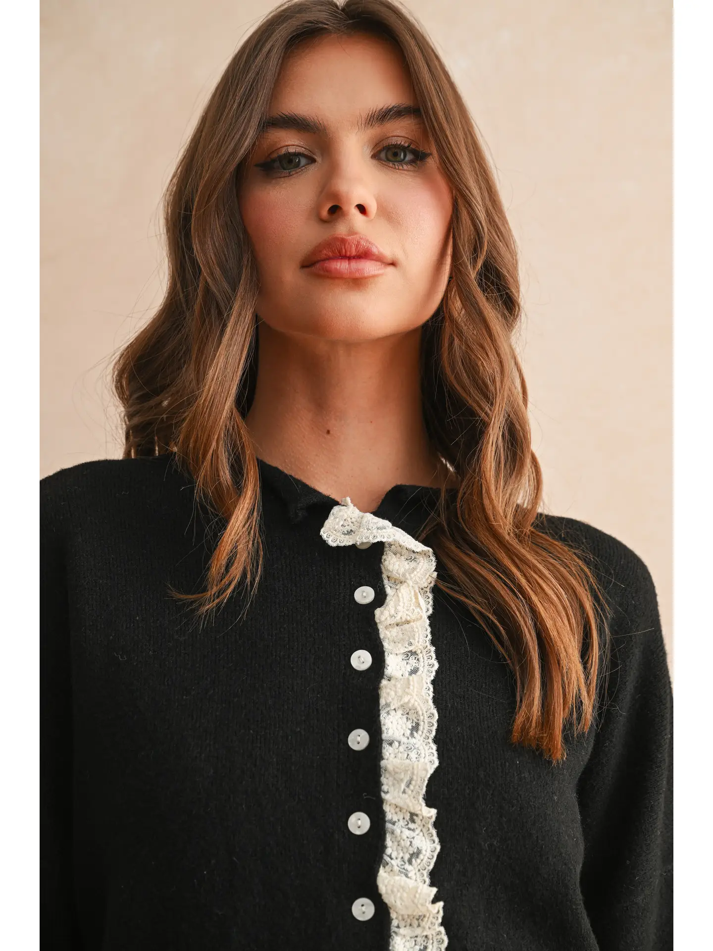 Button Front Lace Trim Knitted Cardigan - Black