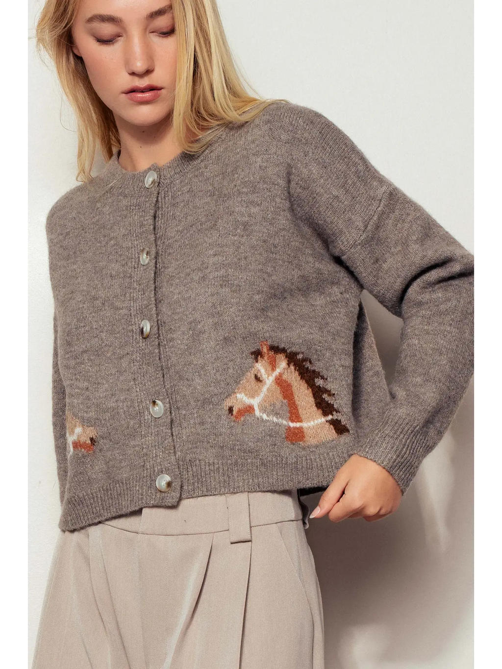 Western Horse Graphic Ribbed Trim Crew Neck Cardigan - MOCHA