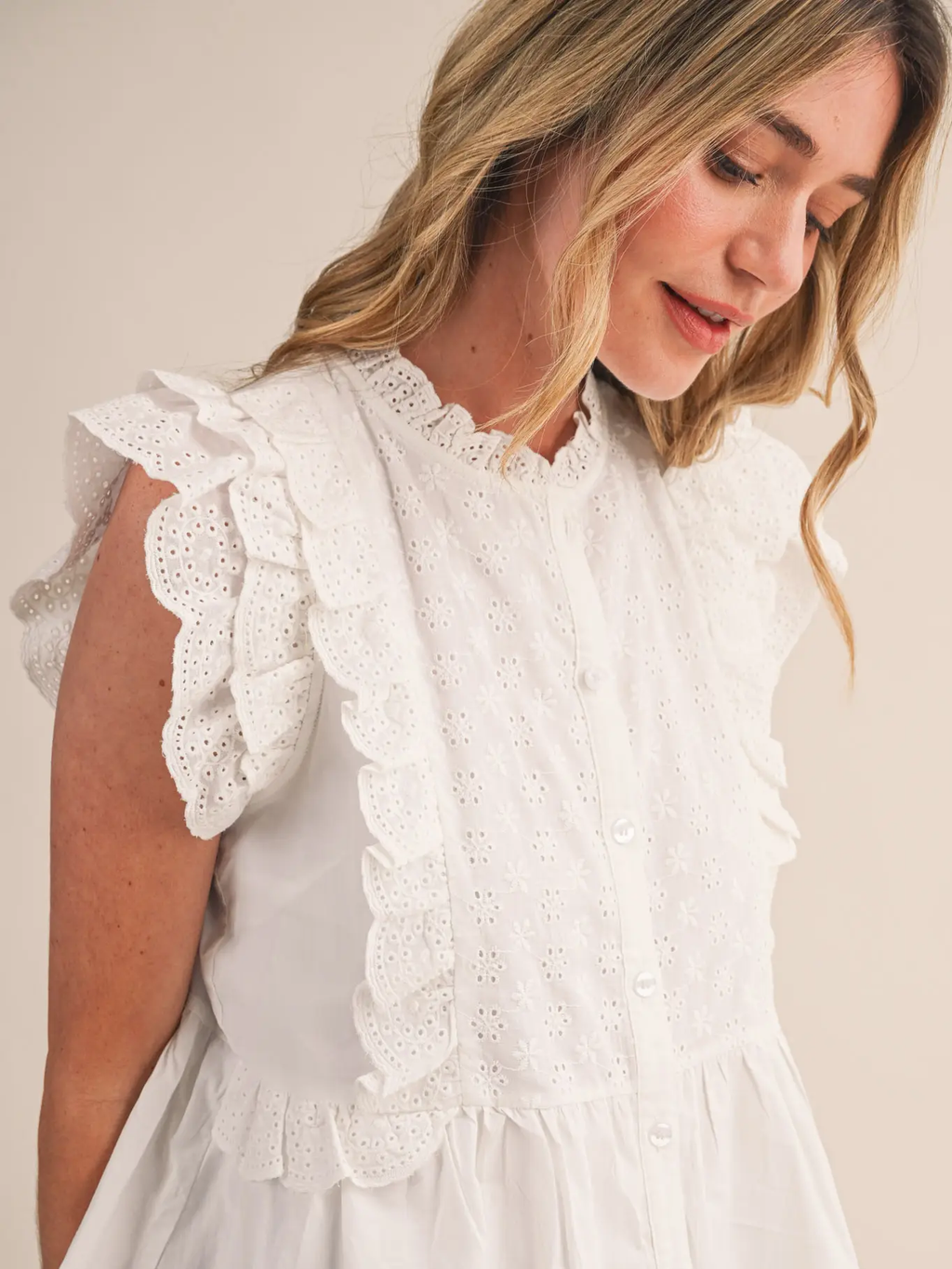 Eyelet Button Down Peplum Top - OFF WHITE