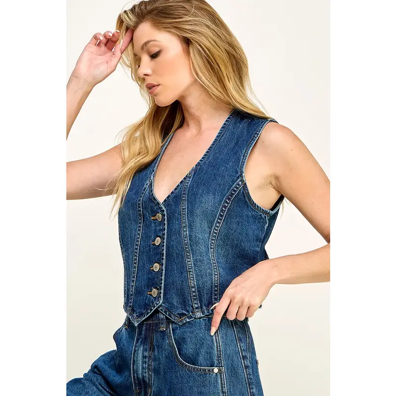 Fancy Dark Wash Denim Waistcoat Vest
